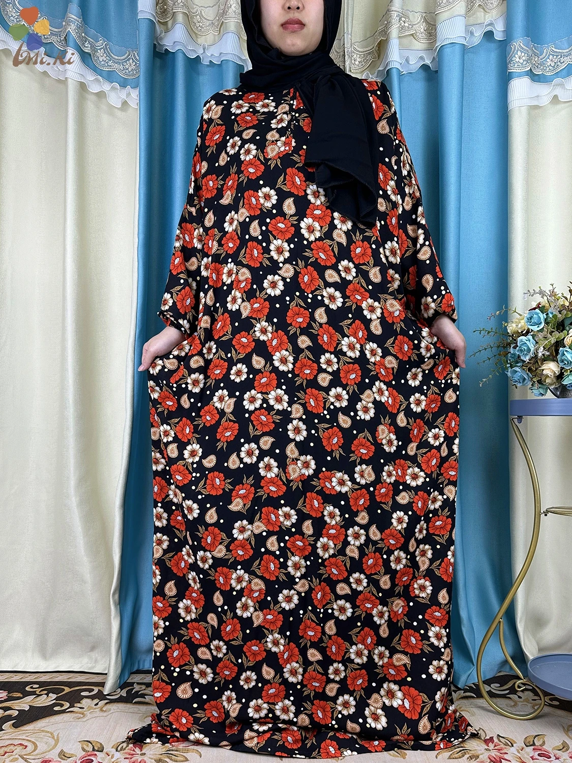 New African Abaya Woman Dress Ramadan Prayer Clothing Turkey Middle East Femme Robe Floral Loose Muslim Rayon Dress Turban Joint