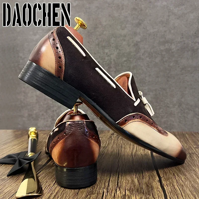 Italian Men Loafers Shoes Black Brown Mixed Color Wingtip Suede Casual Mens Dress Shoes Wedding Office Leather Shoes Men 6