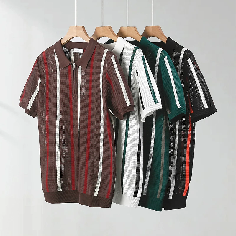Stylish Mens Knitting Mesh Polo Shirts 2025 Summer Casual Hollow Out Knitted Polo Shirt Men Vintage Striped Lapel Zipper Polos 9 S99120ef0ccc14cb292efc69d8287d702w