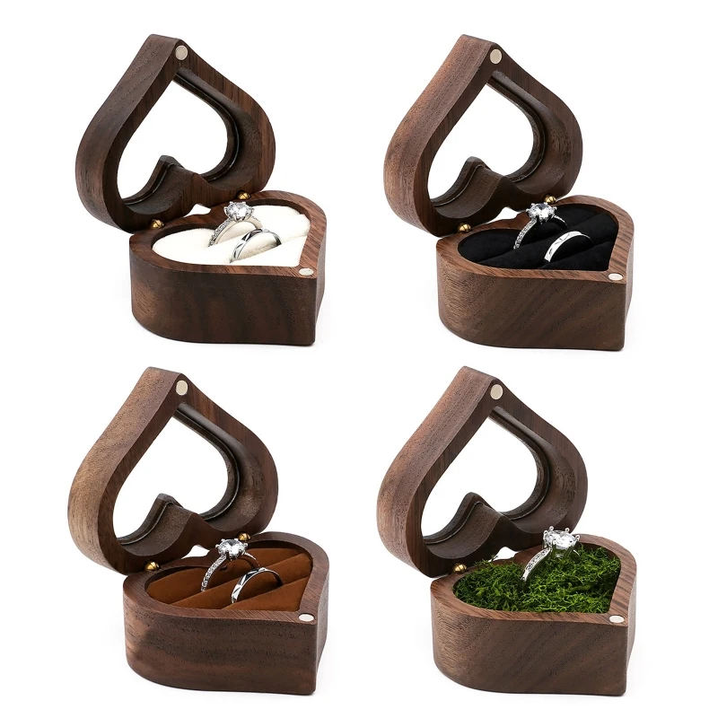 

Wedding Heart-shaped Solid Wood Ring Box Soft Inner Bag Jewelry Storage Bag Earrings Jewelry Wooden Proposal Gift
