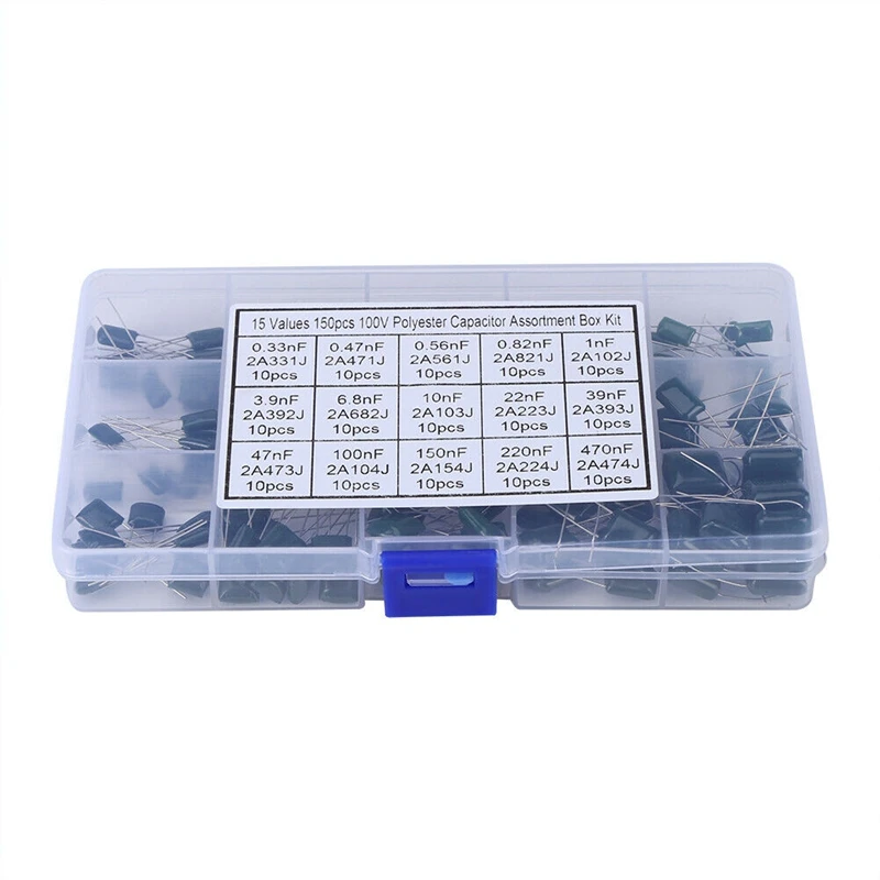 

150Pcs 100V 15Value 0.33NF 2A331J 470NF 2A474J Polyester Film Capacitors Assortment Box Helpful