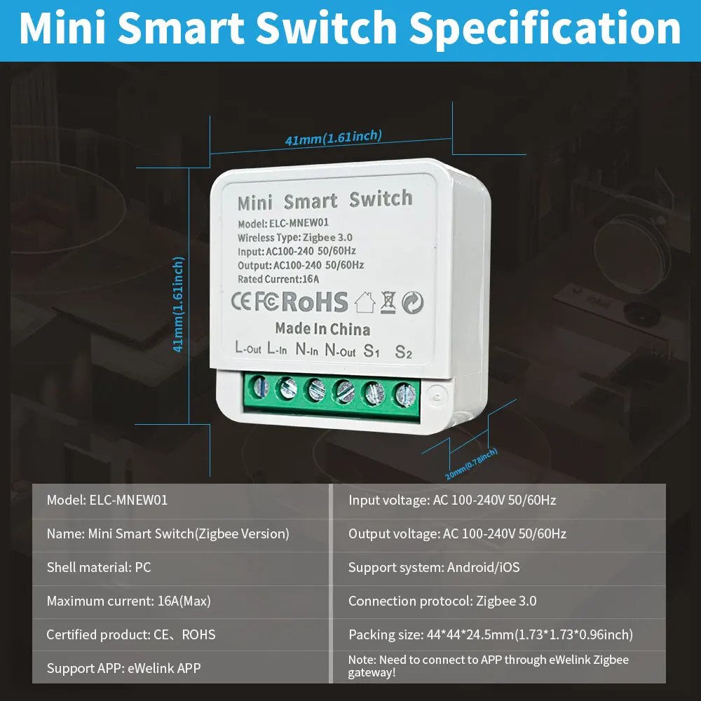 eWelink ZigBee Mini Smart Switch 2 Way Control Breaker Relay 16A Voice Control W
