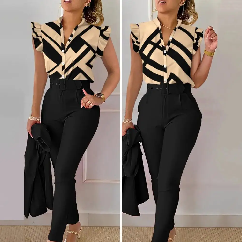 Women Flying Sleeves Suit Elegant Women's Office Wear Set with V Neck Top High Waist Pants Belt Chic Slim Fit Outfit for Work