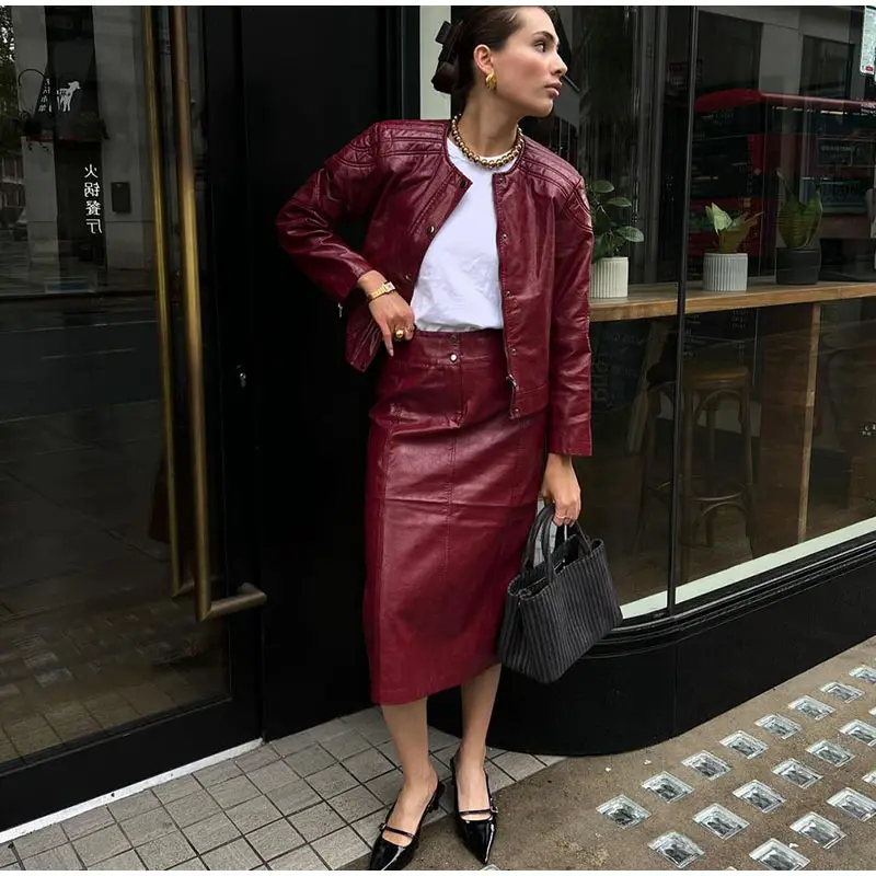 PU Leather Jackets Long Skirts Women's Set Vintage Solid O-Neck Jackets A-Lined Slim Fit Skirt Sets Female Chic Street Outfits