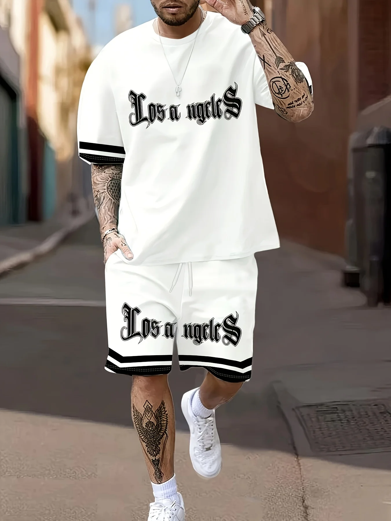 Men's Gothic Streetwear Set | Letter Print Basketball Style Basketball style white stripes detail on black streetwear set sleeves and hem