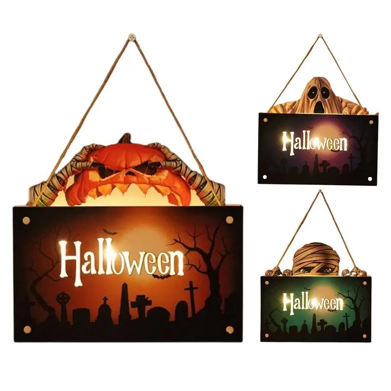 

Halloween Door Sign Lighted Wooden Door Hanger Battery Powered Front Door Signs With Ghost Zombie Mummy For Porch Wall Door