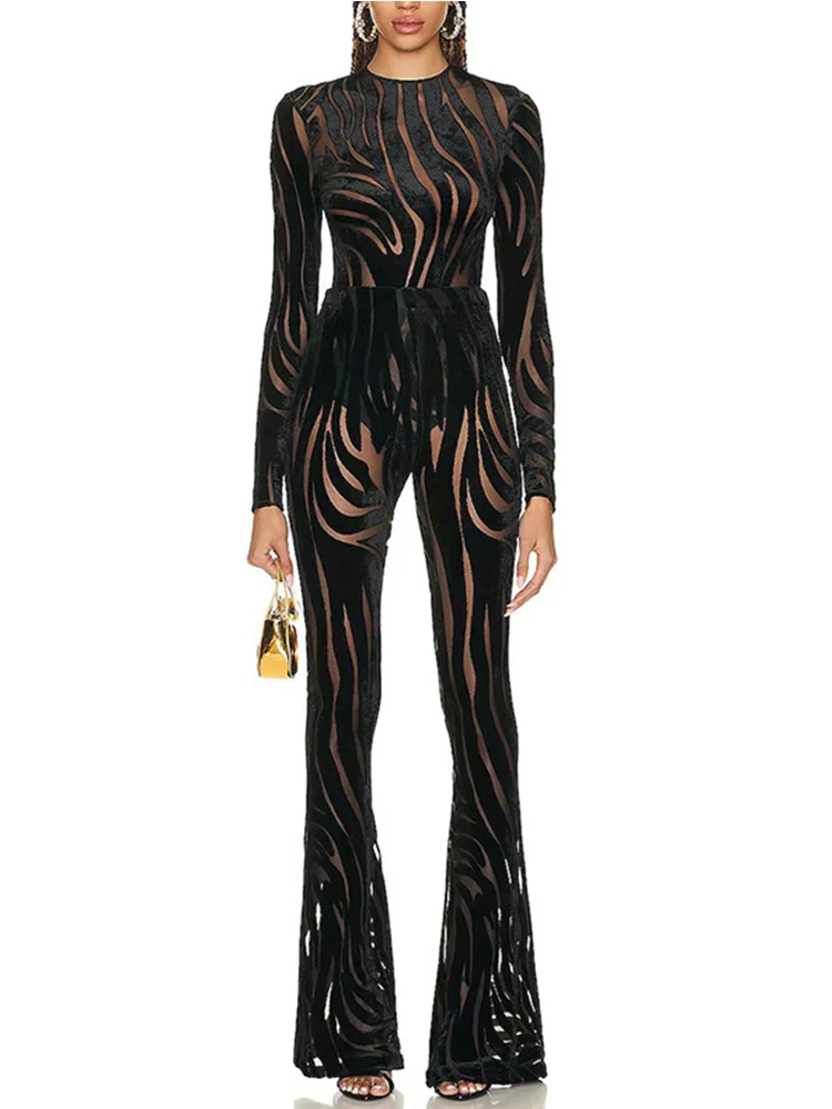 

Sexy See Through Velvet Jumpsuits 2023 Zebra Pattern Perspective Carved Velvet Bodysuit Flare Pants Set Two Pieces for Women