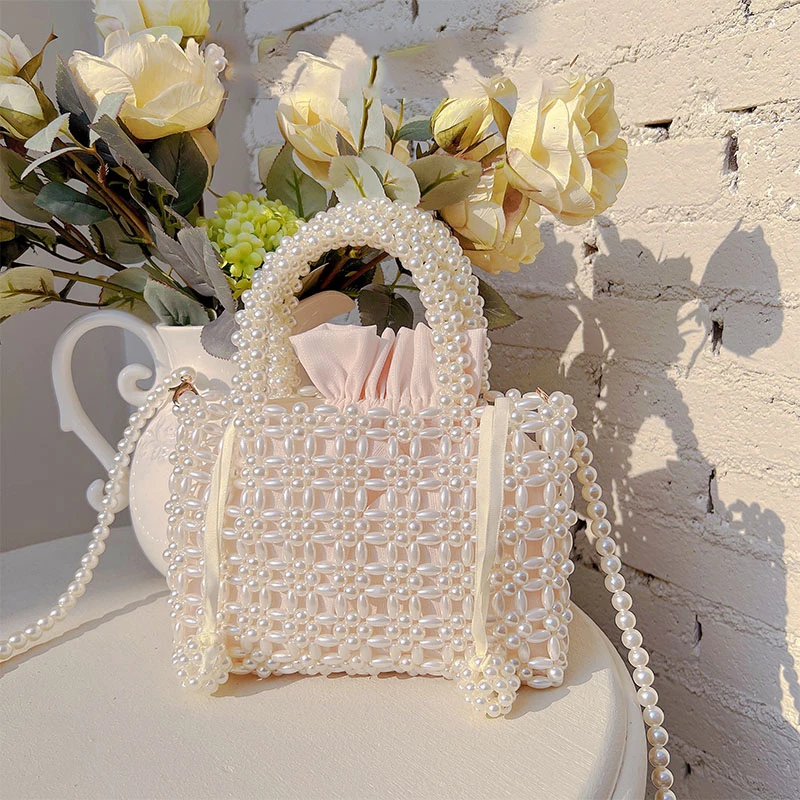 

SHINE Rice Beads Beach Bag Hollowed Out Hand Woven Small Tote Bags for Women Beaded Pearl Vegetable Basket Messenger Evening Bag