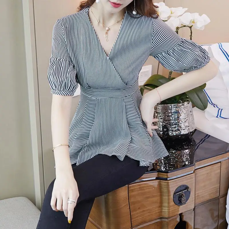 Fashion Korean Women V-Neck Slim Waist Striped Shirt 2023 Summer New Elegant Office Lady Lantern Sleeve Ruffles Spliced Blouses
