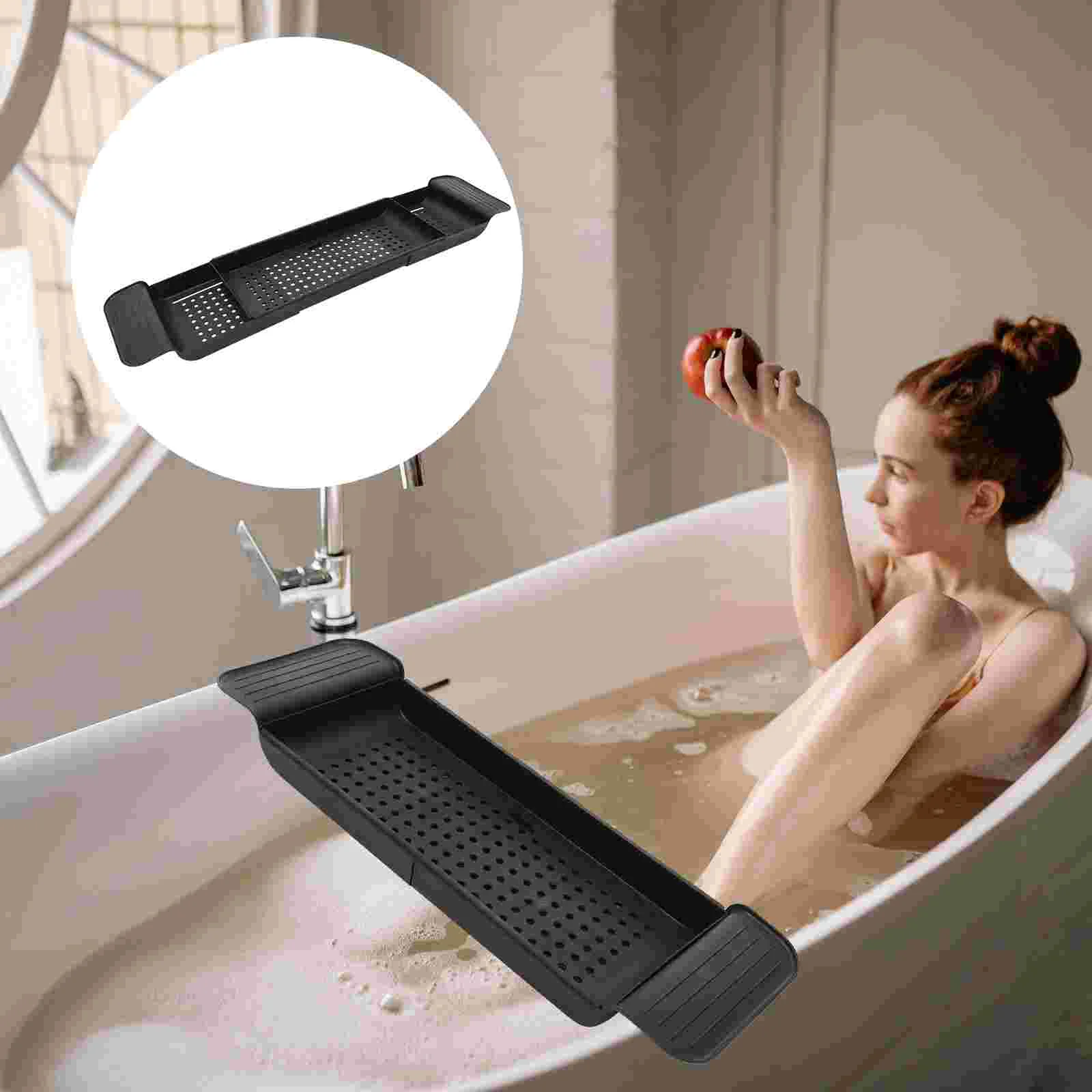 

Drain Scalable Bathtub Tray Hollow out Shower Organizer Plastic Storage Rack for Bathroom Toilet Black