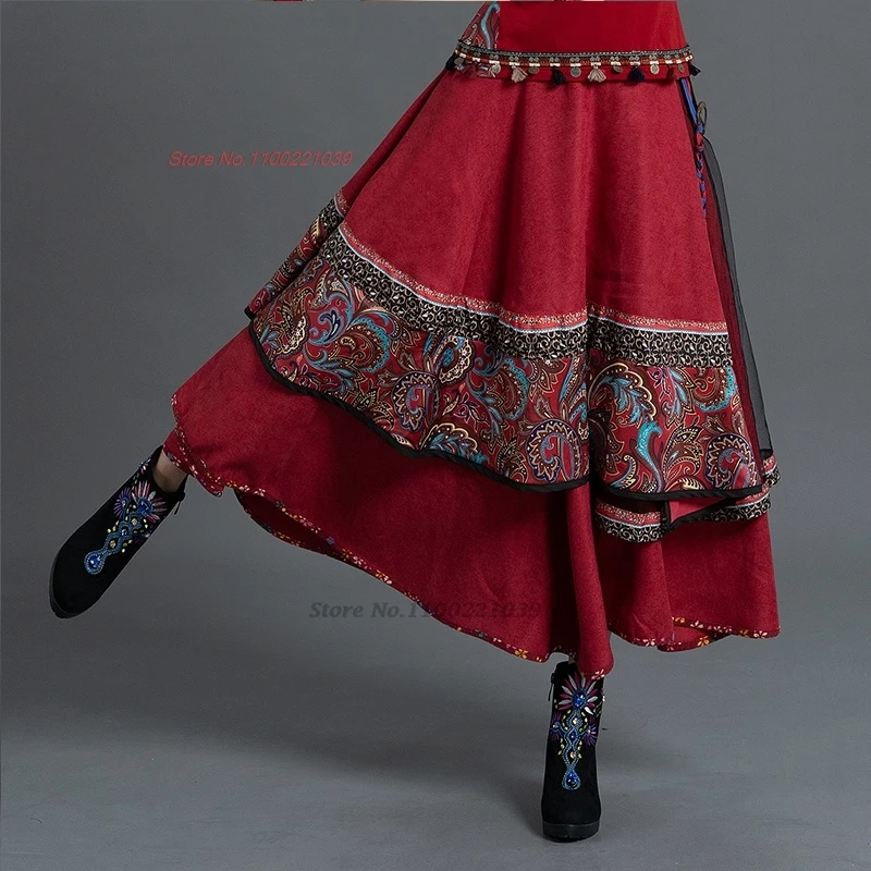 chinese vintage elastic waist skirt national flower print ethnic skirt oriental traditional folk a-line corduroy