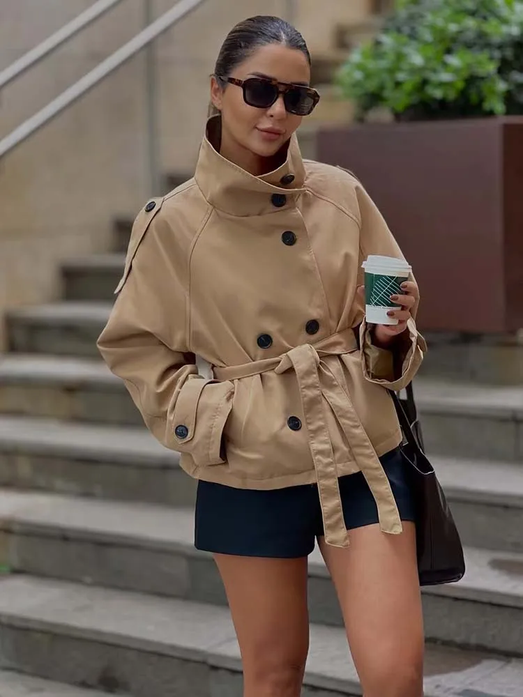 Fashion Belt Short Trench Coat Women Stand Collar Double Breasted Long Sleeve Jacket 2025 Autumn Lady Commute Chic Outerwear ﻿
