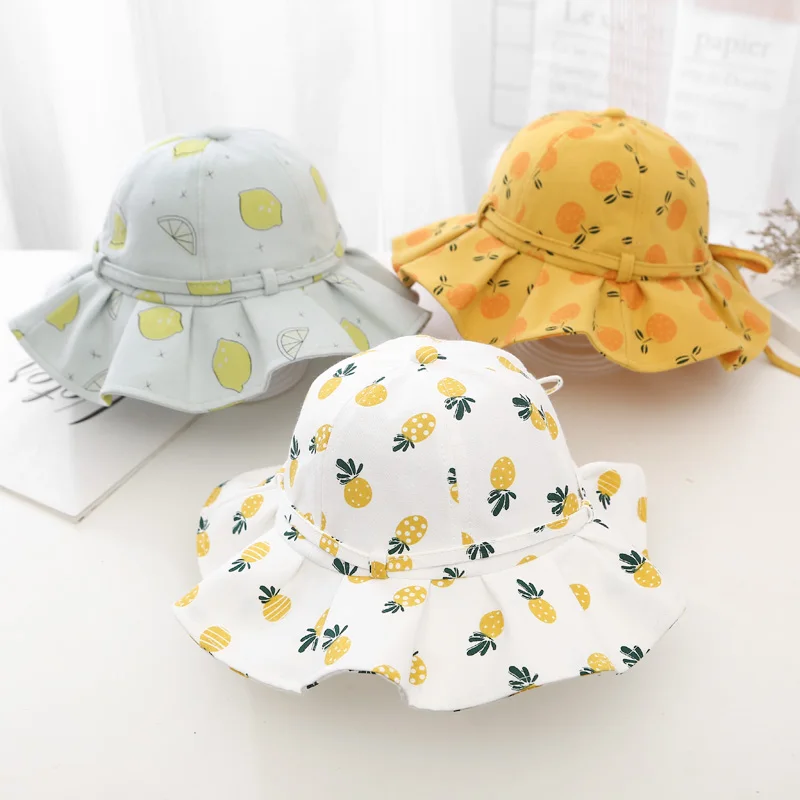 

New Cute Bows Kids Hat Fruit Printed Children Girl Bucket Cap Spring Summer Soft Cotton Outdoor Fisherman Sun Hat For 1-5 Years