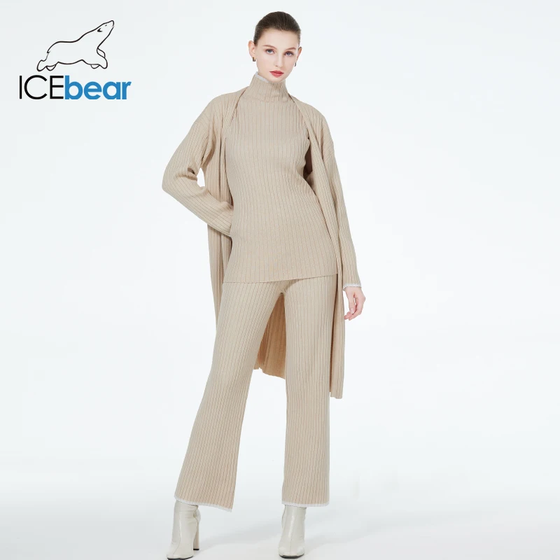 

ICEbear 2023 New Women's Three Sets Fashion Knitwear Autumn Winter Solid Cardigan, Vest And Trousers HY042