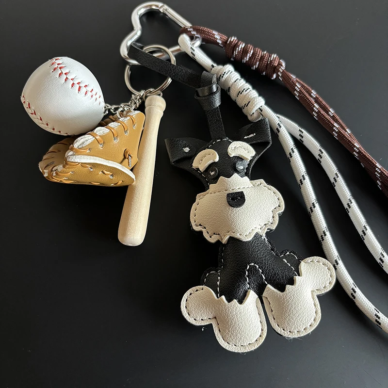 Cute Schnauzer Cartoon PU Leather Keychain for Women Dog Puppy Pendant Backpack Ornament Keyring Animal Shaped Key Chain