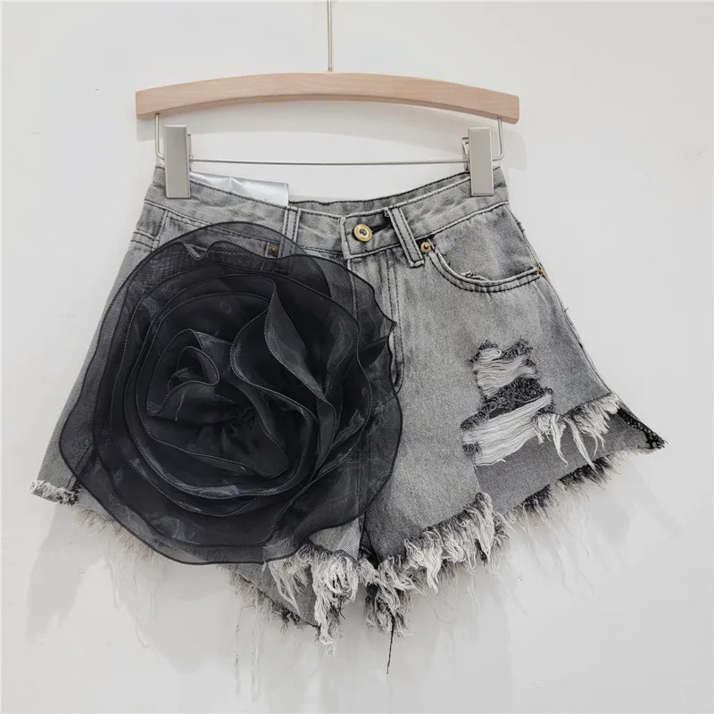 Three-Dimensional Flower Denim Shorts Women's 2024 New American Street Worn Washed-out Frayed A- Line Hot Pants Ins Jean Shorts