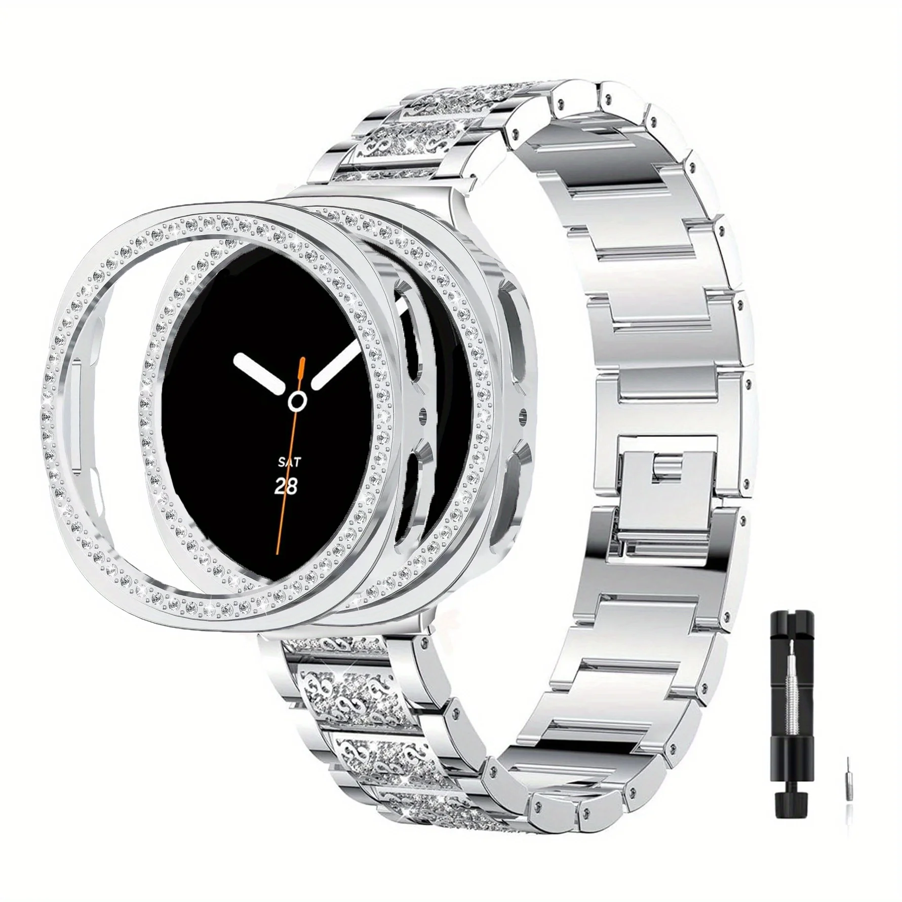 Luxurious Rhinestone Bling Metal Watch Band with Protective Case