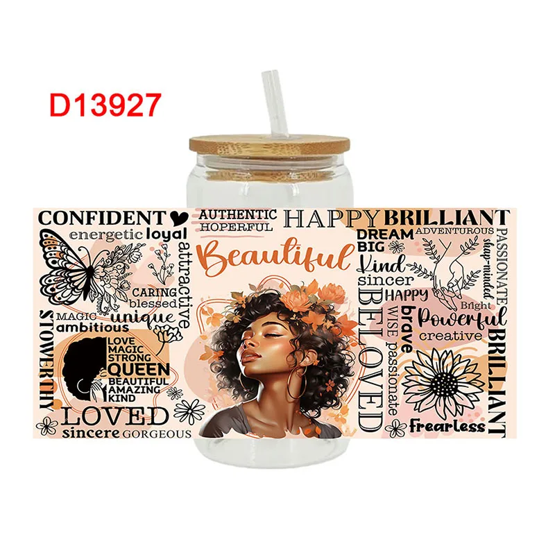 UV DTF Transfer Sticker Black Girl For The 16oz Libbey Glasses Wraps Bottles Cup Can DIY Waterproof Decals D13927