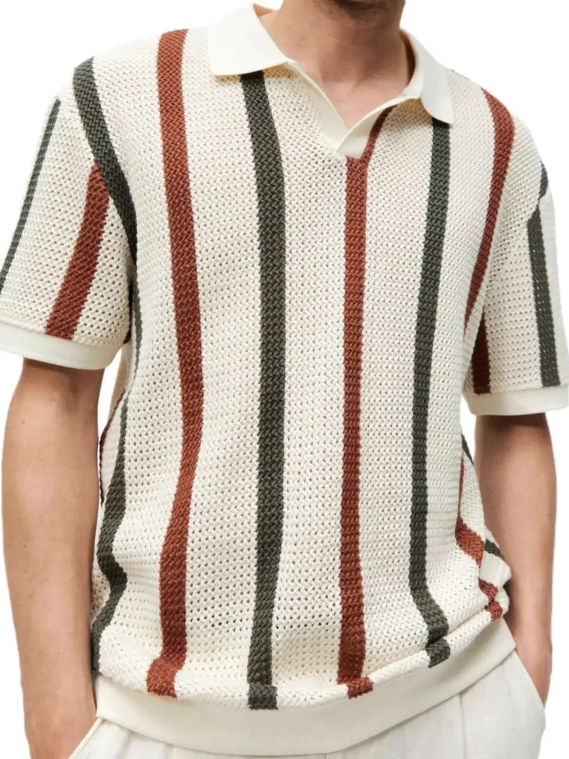 Summer Stripe Color Block Short Sleeve Knitted Casual Polo Shirt Men's Fashion Brand Personality Loose Fit Hollow out Design 10 S99132fbbf30a4a779202506bebbf7f588