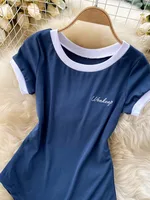 Foamlina Short Sleeve Knitted Skinny Bodysuit Women Summer Fashion Color Block Letters Embroidery O-neck Slim Body Top Jumpsuit - Image 3