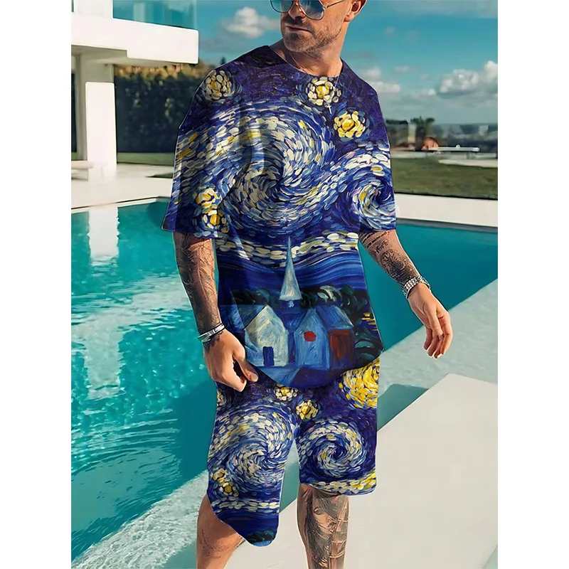 Van Gogh Starry Night Print Tracksuit Short Sleeve T Shirt Sets