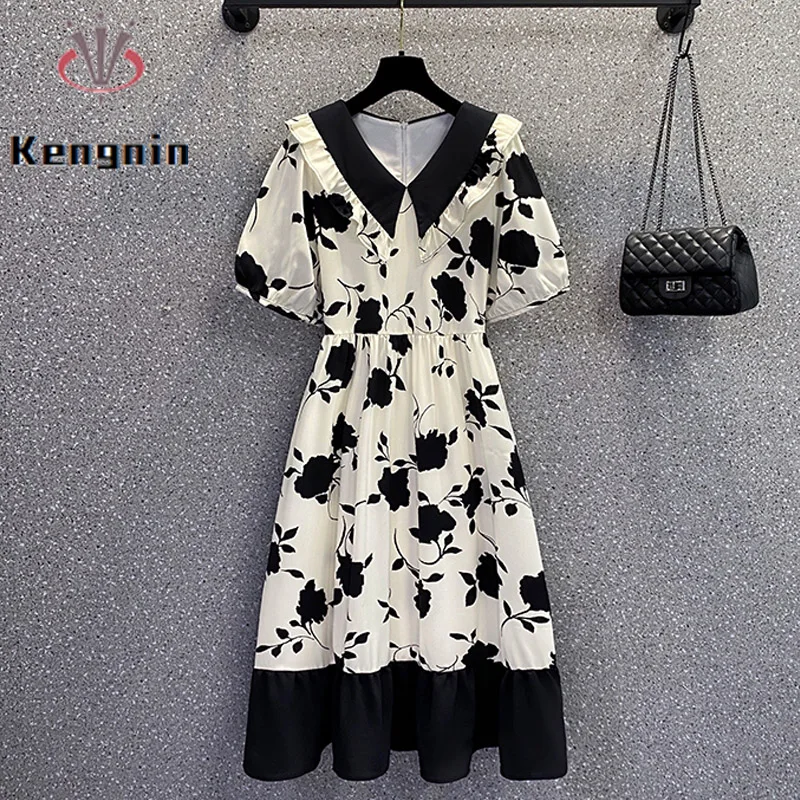 

Шифоновые платья для лета 2024, свободное женское платье во французском стиле с цветочным принтом в стиле пэчворк, женское платье размером 4XL, женское платье, платье KE3333