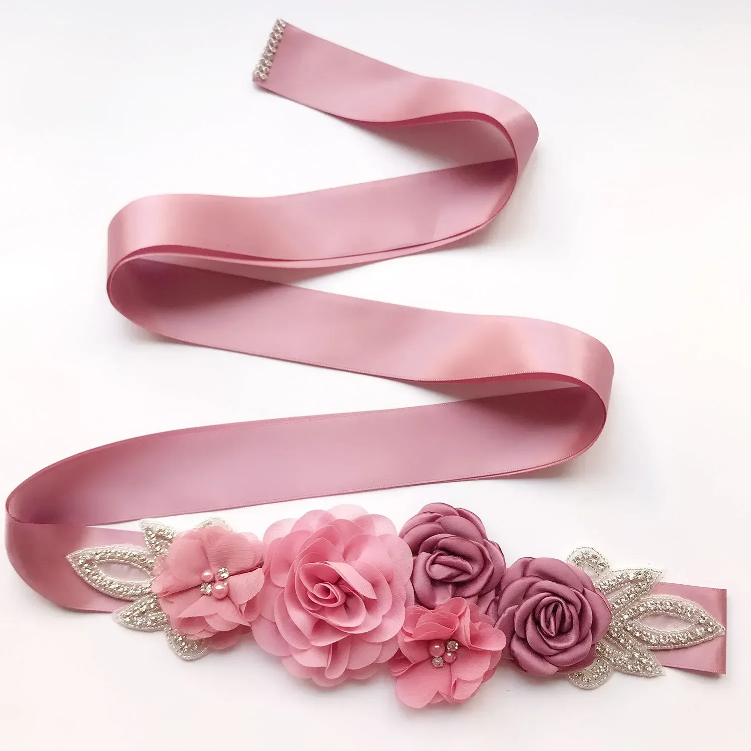 Bridal Waistband Womens Elegant Three Flower Sash Rhinestone Beaded Waistband Bridal Ribbon Cummerbunds Wedding Dress Waist Belt 12 Colors