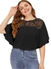 Plus Size Summer Elegant Blouse Women Short Flare Sleeve Lace Panel Loose Top Tie Front Casual T-shirt Plus Size Clothing 5XL