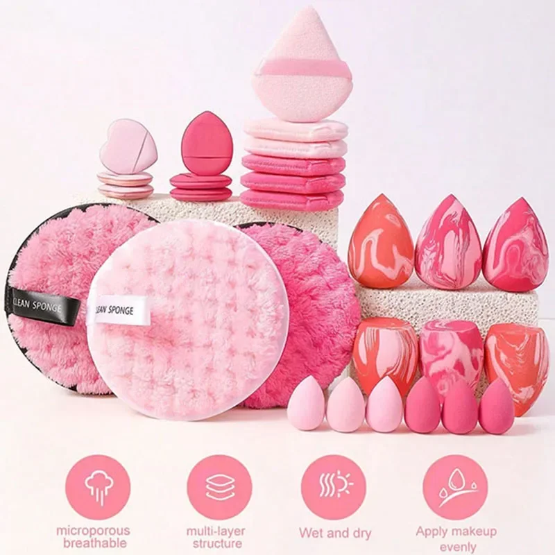 

27PCS Makeup Tools Set Including:12Makeup Sponges+6Triangle Powder Puffs+6Mini Air Cushion Powder Puff+3Facial Cleansing Sponges