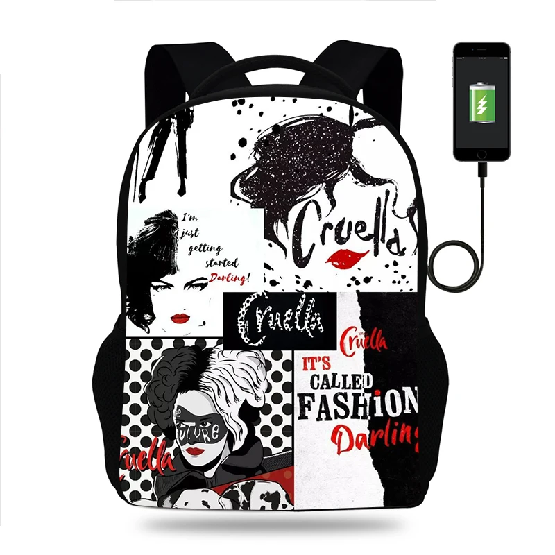 

Fashion Disney Cruella de Vil Backpack Boy Girl School Bag Teenager USB Charging Daily Travel Backpack Student Schoolbag Mochila