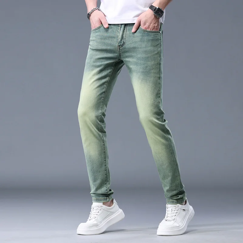 Retro Yellow Mud Green Jeans Men's Summer Thin 2024 New High-End Men's Clothing Fashion Elastic Slim Fit Skinny Pants