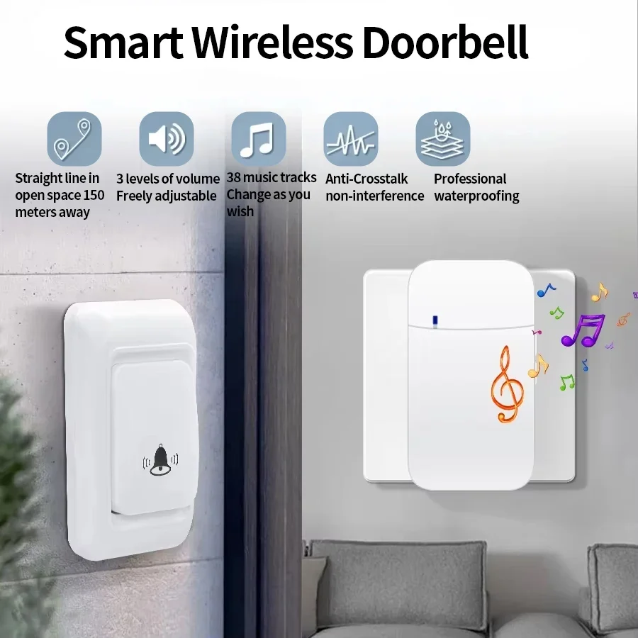 Wireless doorbell US/EU Plug Outdoor Wireless Doorbell 38 Ringtones Melodies Waterproof 150m Range House Chime Kit Welcome Chime Home Door Bell