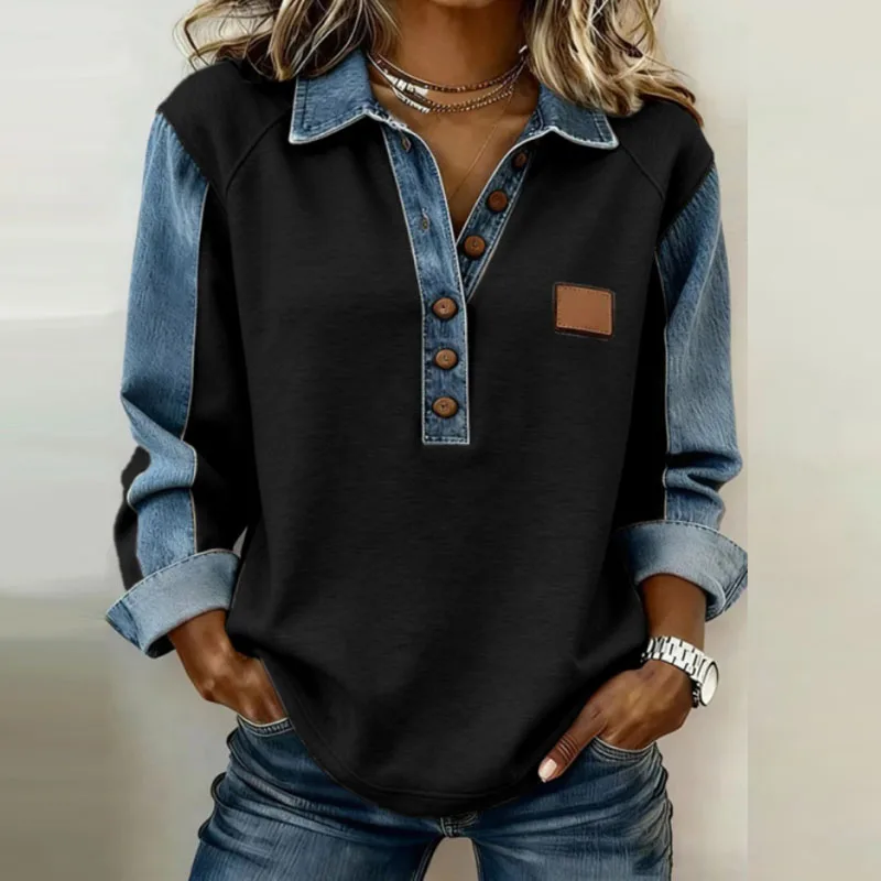 Frühling Retro Kontrast Farbe Frau Sweatshirt Elegante drehen-unten Kragen Taste Tops Pullover Herbst Lange Hülse Lose Hoodie Mujer – Detail 8