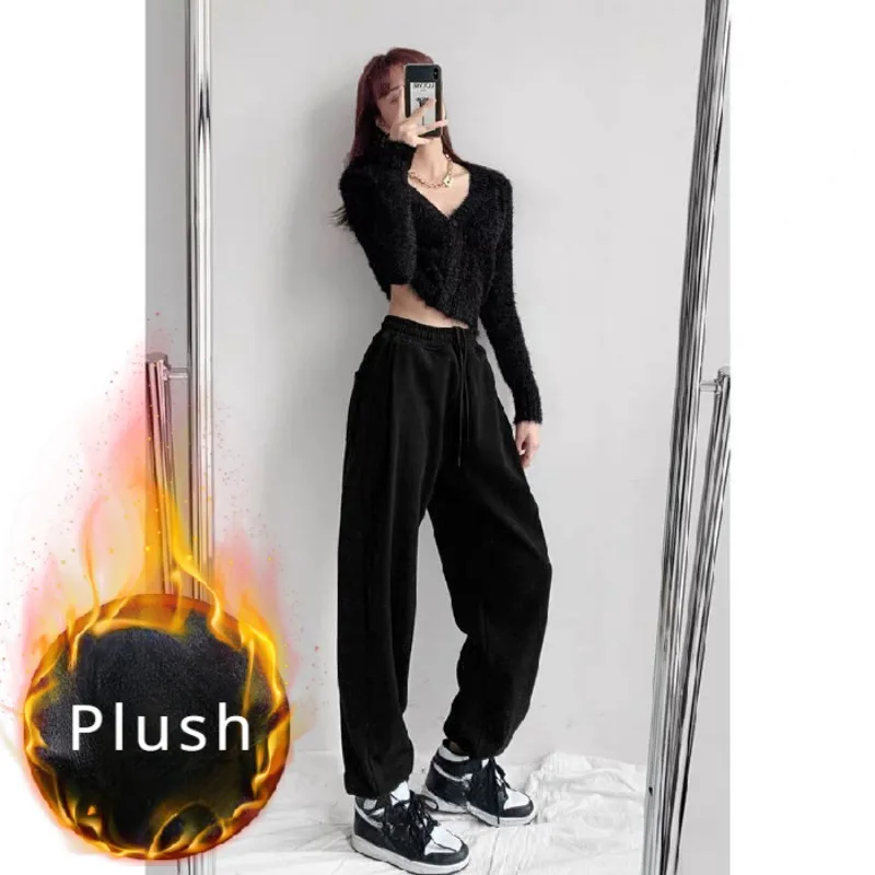 

Plush Thicken Women Sport Pant Autumn Winter Drawstring Leg-tie Light Grey Sweatpant Casual Wide Leg Jogger Trouser