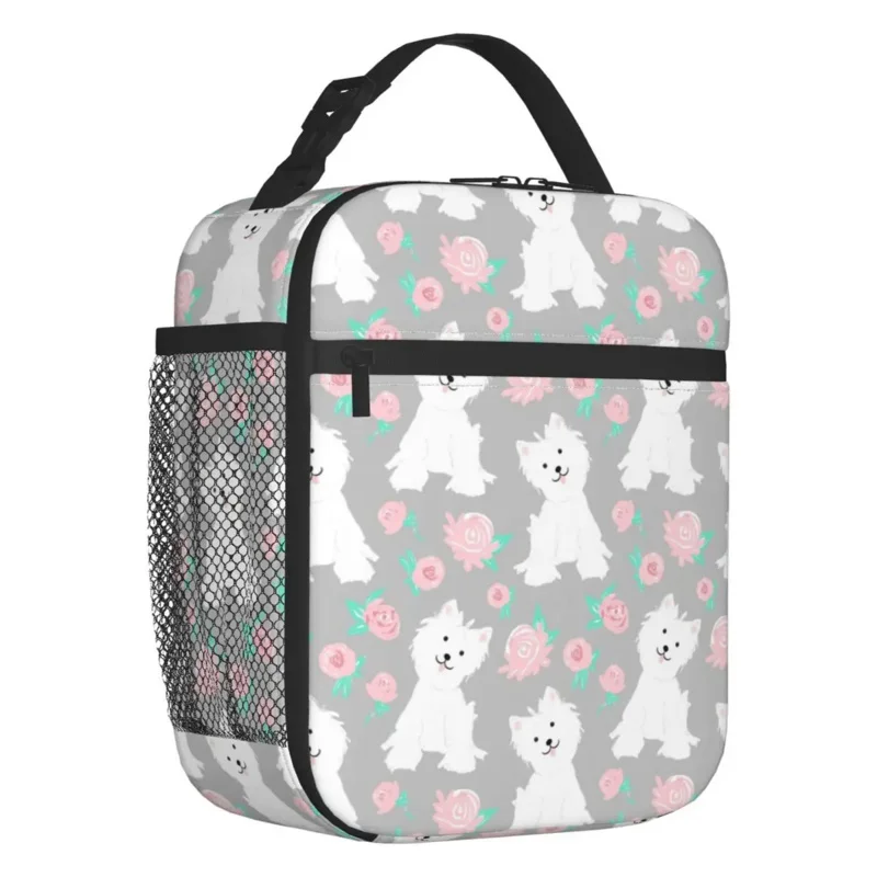 

West Highland White Terrier Puppy And Rose Flowers Insulated Lunch Bag Westie Dog Cooler Thermal Bento Box Office Work School