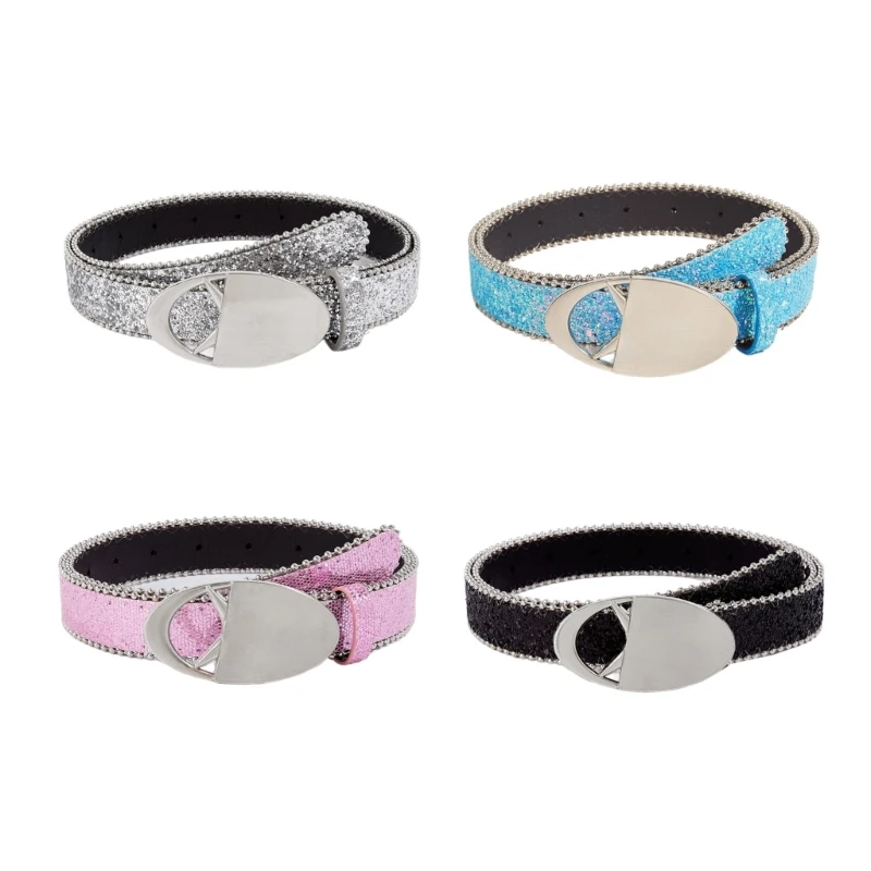 

Cool Waist Chain Casual Belt Round Buckle Waist Ceinture Lady Glittered Belt D5QB