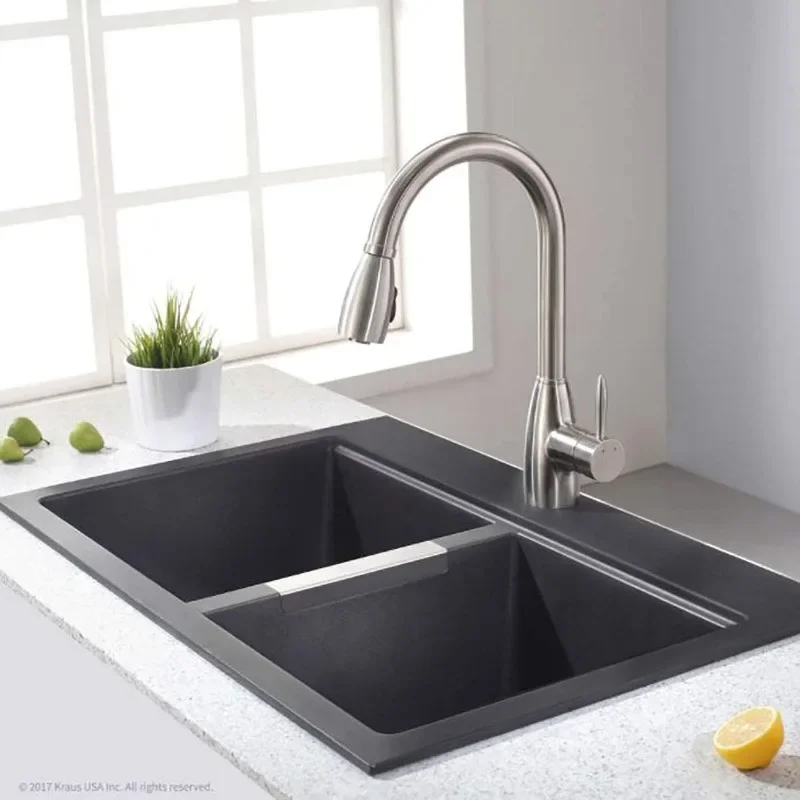 33-inch Drop-In/Undermount 50/50 Double Bowl Granite Kitchen Sink in Black Onyx, KGD-433B 2