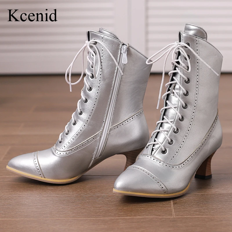 Kcenid Autumn Winter Women Modern Punk Boots Pointed Toe Lace Up Med Strange Heel Fashion Ankle Western Boots Shoes Woman