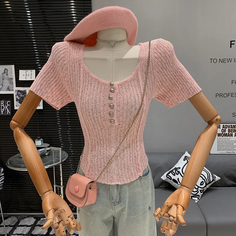 

Модный однобортный эластичный облегающий короткий сексуальный трикотажный свитер с вырезами для милых девушек Топ