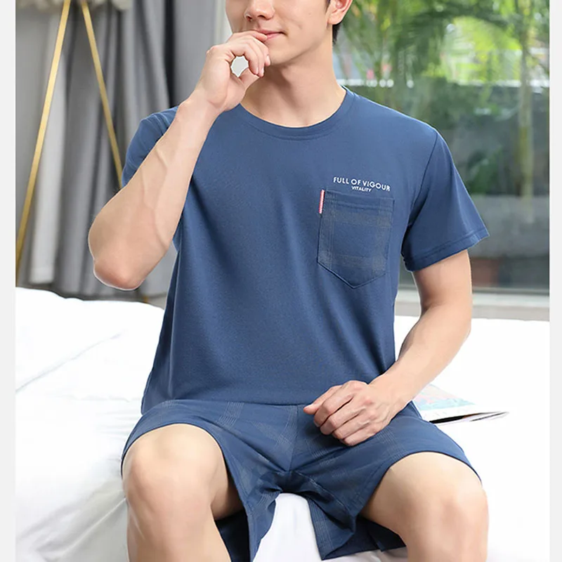 Men Pajamas Sleepwear O-Neck Striped Short Sleeve Shorts Loungewear Easy to Clean 2PCS/Set