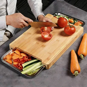 Bamboo Chopping Board With Two Stainless Steel Trays Large Rustic Wood Kitchen Cutting Board Bulk With Prep Plate 1