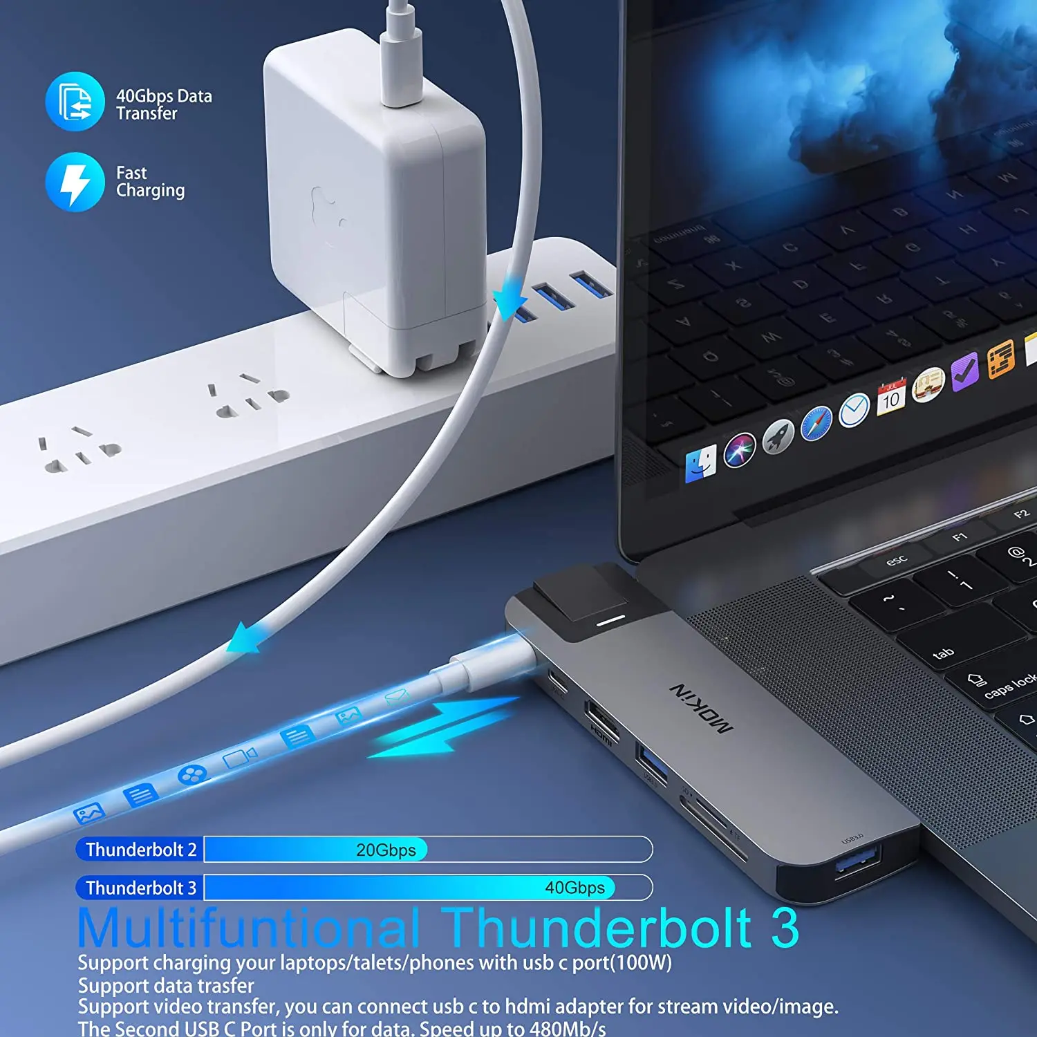 MacBook Air/Pro, iPad, Thunderbolt ƮϿ MOKiN 8 in 2 ŷ ̼ - USB3.0, HDMI 4K30Hz, SD, TF, Type-C 3.0, RJ45 1Gbps