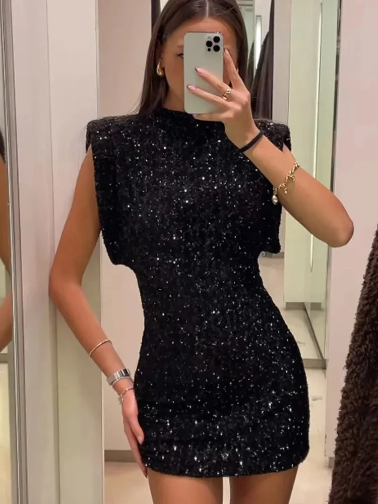 

RDMQ 2024 Vintage Shoulder Pads Gown Mini Dress Women Sexy Slim Ladies Party Club Vestidos Elegant Chic Female Holiday Dresses