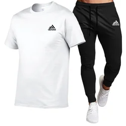Men's cotton short-sleeved T-shirt and black slacks, tracksuit, comfortable clothes, summer wear, 2 pieces