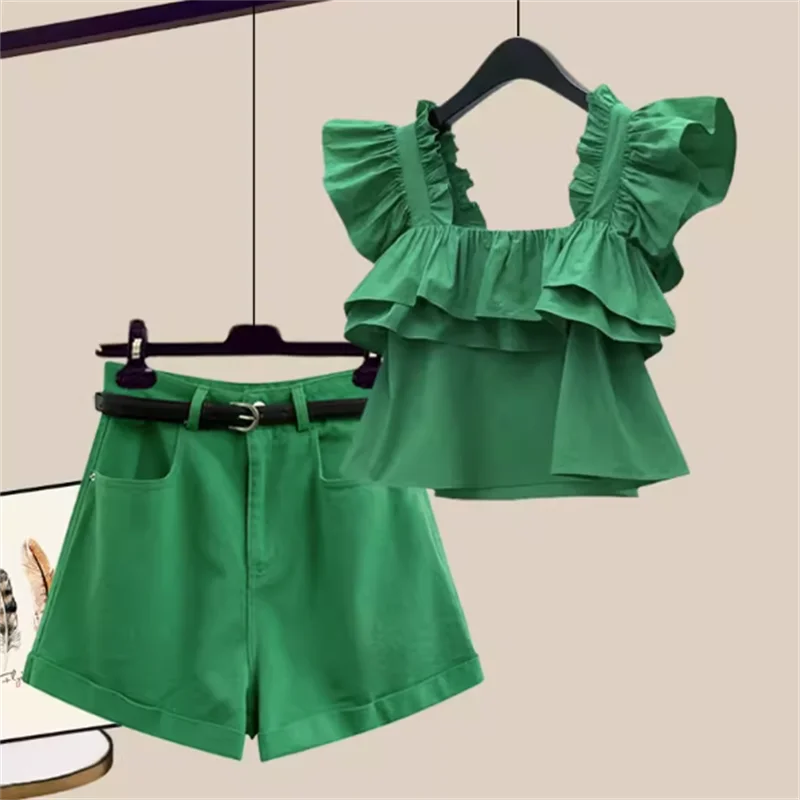 2024 Summer New Lotus Leaf Sleeves Pleated Camisole Vest Casual Denim Shorts Two-piece Elegant Women's Shorts Set