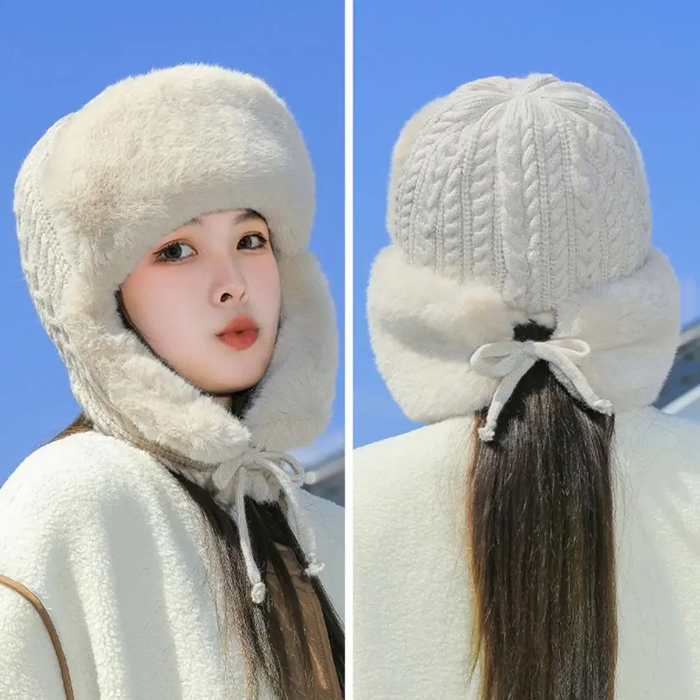 

Knitted Winter Hat Women's Winter Lei Feng Hat with Plush Lining Lanyard Design for Thickened Thermal Protection Ear Protection