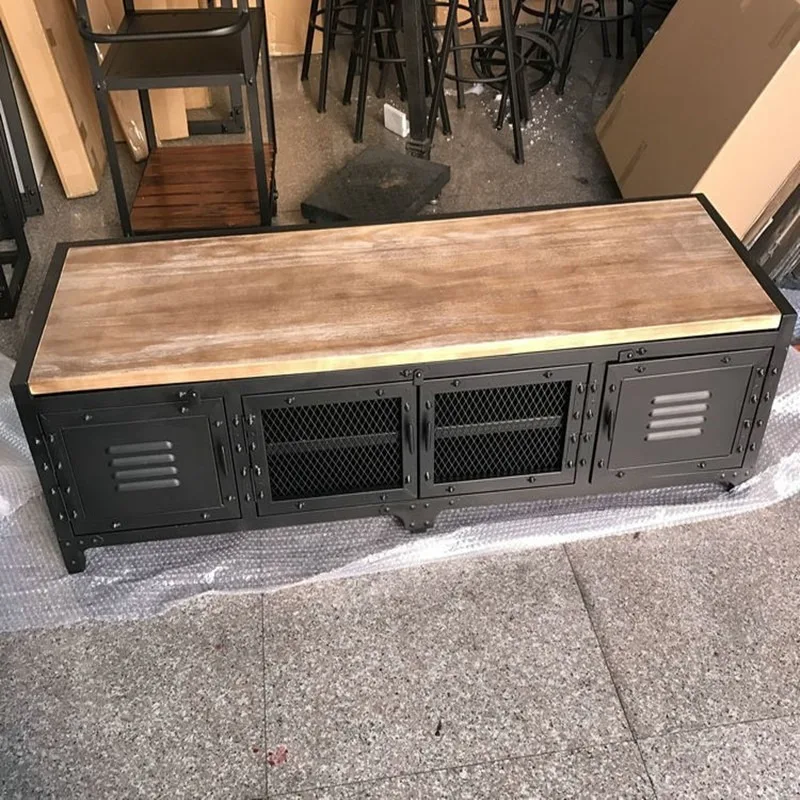 American retro industrial wrought iron solid wood TV cabinet shelf living room display cabinet locker old floor cabinet low cabi