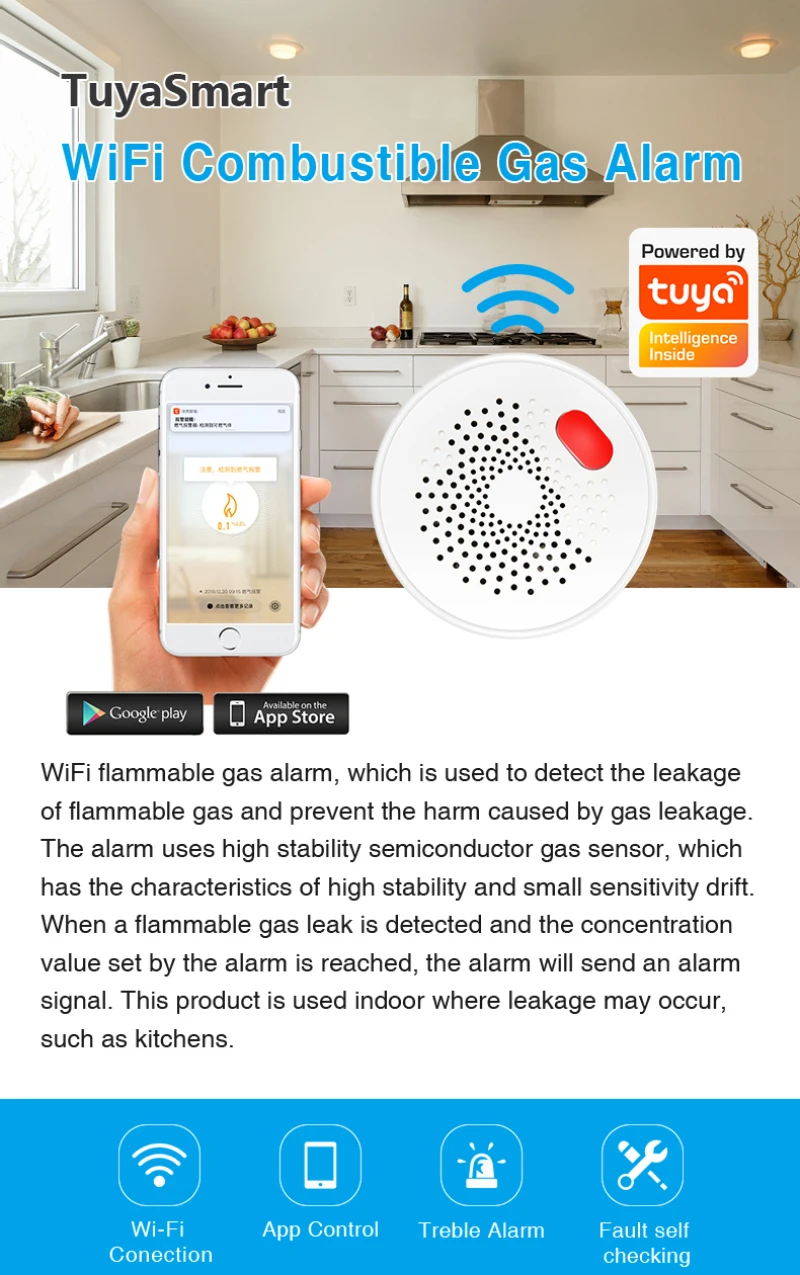 détecteur de fuite de gaz, alarme de sécurité incendie, contrôle par  application, capteur intelligent pour maison