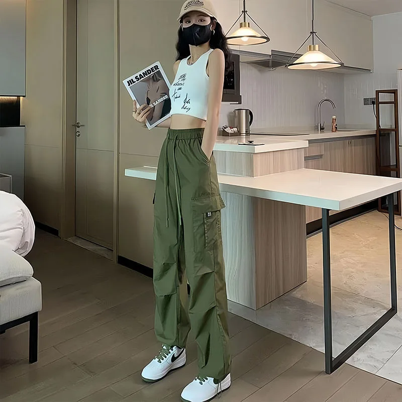 Women's Summer American Retro Workwear Pants Casual Versatile Loose Fitting Thin High Waist Drawstring Straight Leg Sports Pants