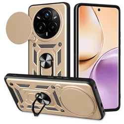 Enhanced Armor Case with Lens Protection and Ring Magnetic Holder for Realme 14 Pro (Gold)
